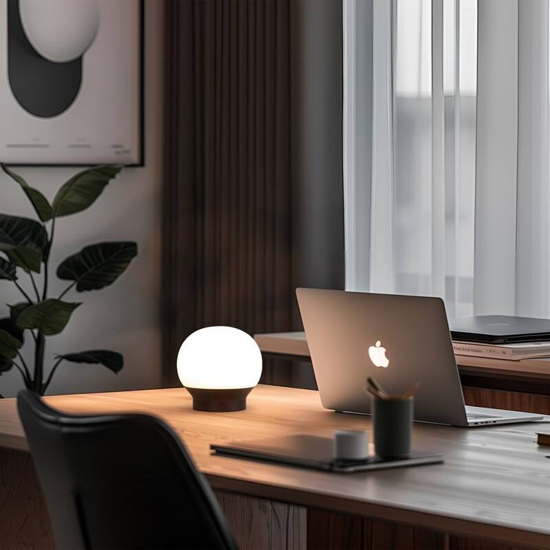 Brightech Marlow LED Walnut Brown Wood Midcentury Round Globe Dimmable Bedside Nightstand Desk Lamp