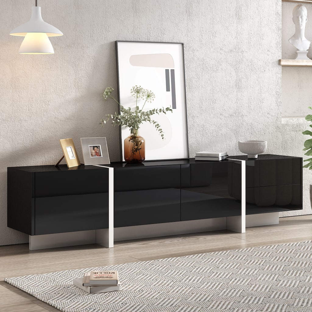 Modern TV Console for TVs Up to 80'', Contemporary Rectangle Design with 3 Cabinets & 2 Drawers, High Gloss Surface