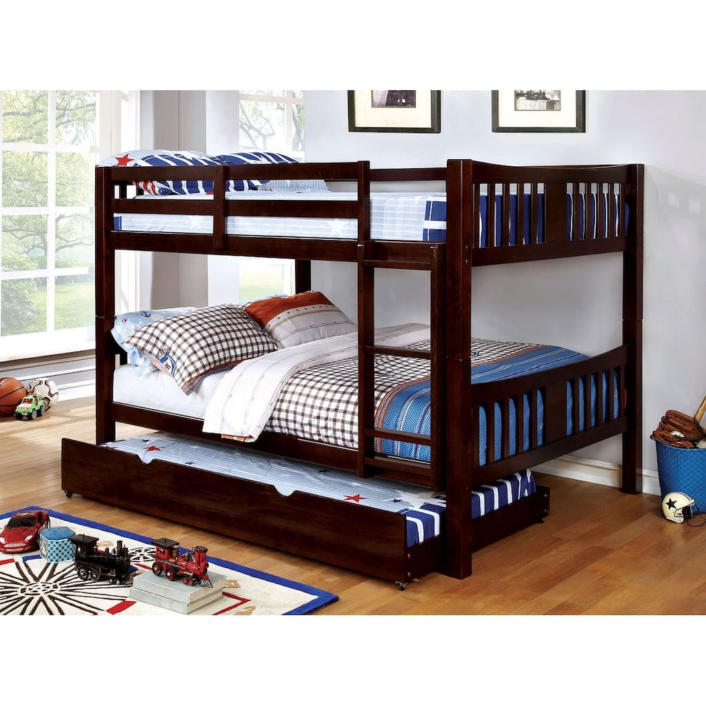Full Over Full Bunk Bed with Attached Ladder, Dark Walnut Finish, Trundle Not Included