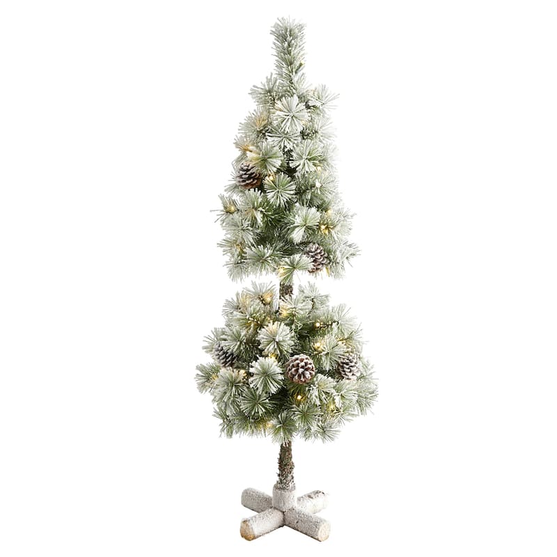 3ft. Flocked Topiary Artificial Christmas Tree with 50 Warm White LED Lights & Pine Cones - Festive Holiday X-Mas Accent