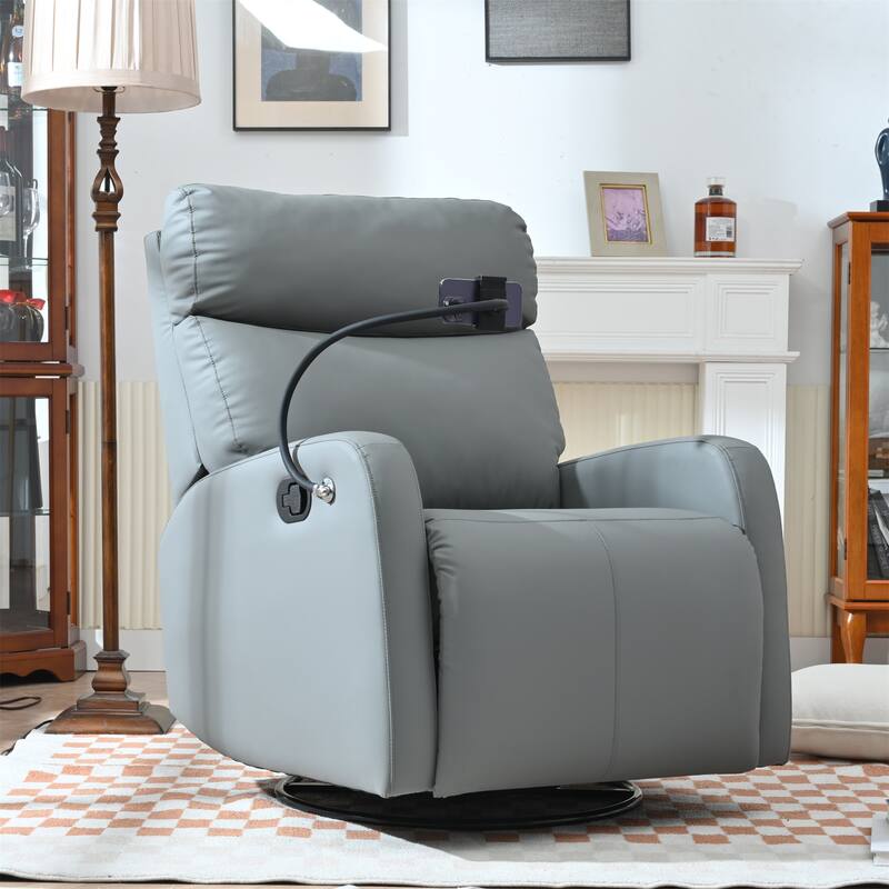 Swivel Recliner Chair with Phone Holder, PU Leather Upholstered Glider Rocking Chair, Small Recliner with Retractable Footstool