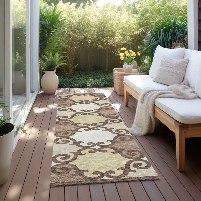 Machine Washable Indoor/ Outdoor Chantille Traditional Scroll Rug - Brown - 2'3" x 7'6"