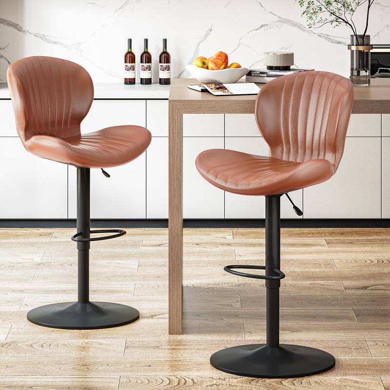 BOSSIN Set of 2 Modern Adjustable Bar Stools, Faux Leather Upholstered Swivel Counter Stools - 16.5"D x 19.6"W x 46.9"H - Set of 2 - Whiskey