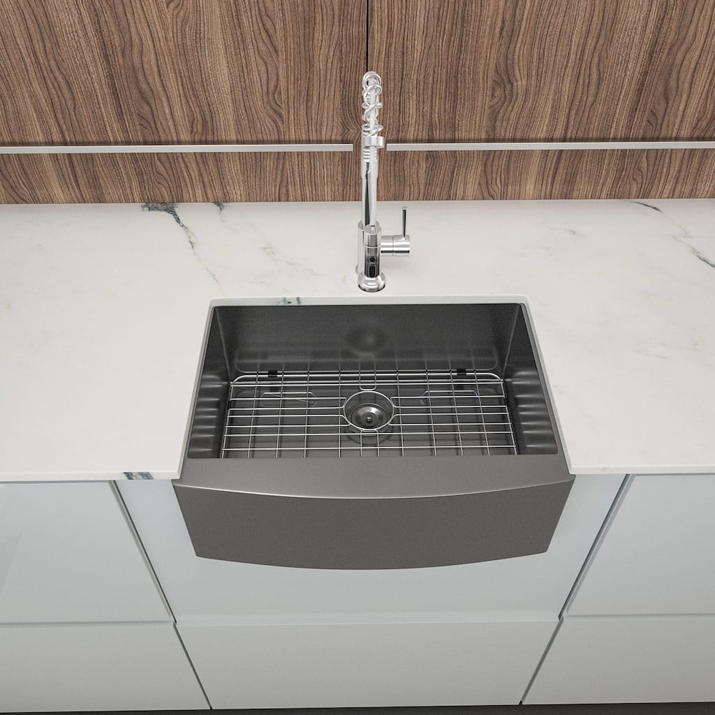 24 inch Farmhouse Kitchen Sink Gunmetal Black Apron Front 16 Gauge Stainless Steel Deep Single Bowl Kitchen Farm Sinks