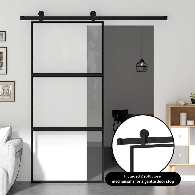 Mixoy Glass Sliding Barn Door and Hardware Included- Clear Tempered Glass,Aluminum Frame,Pre-Drilled,Soft Close