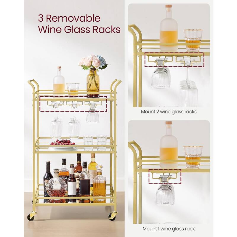 Home Bar Serving Cart with 3-Tier Shelf, Wine Holders, Glass Holders