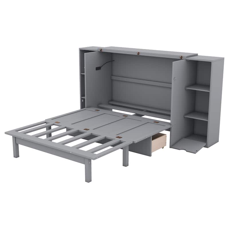 Gray Full Size Murphy Bed with Shelves, Drawers, and LED Lighting