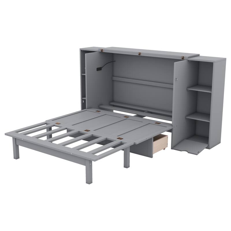 Space-Saving Full Size Murphy Bed with Shelves, Drawers, and USB Ports in Gray