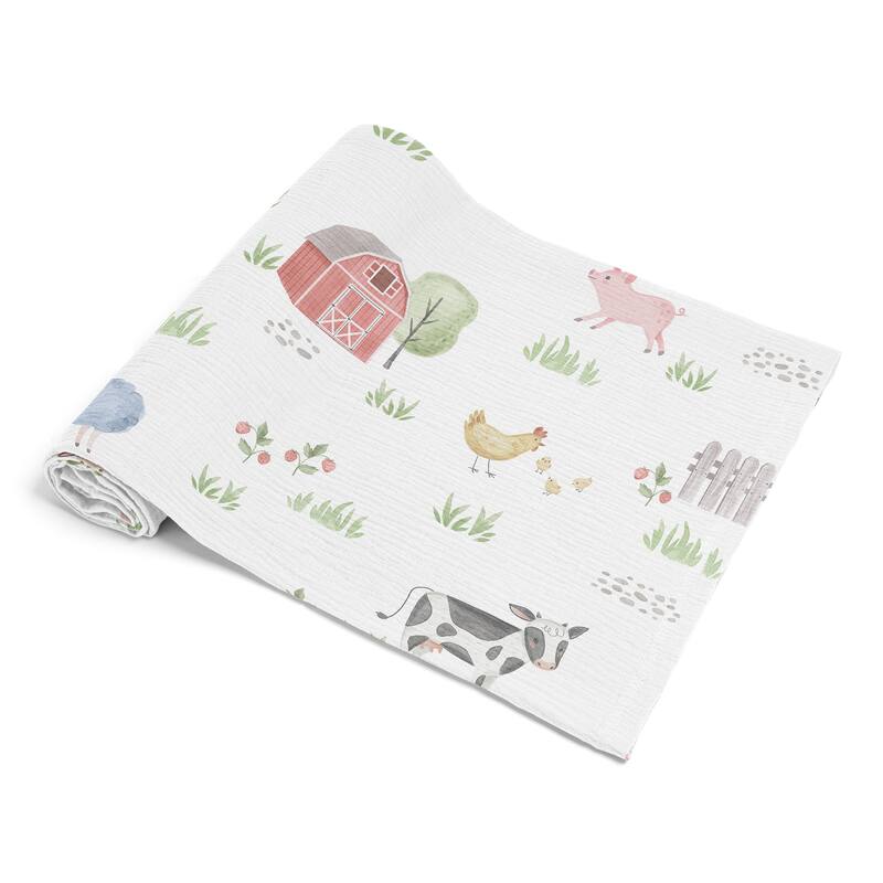 Sweet Jojo Designs Farm Animals Boy Girl Unisex/Gender Neutral 100% Cotton Muslin Baby Swaddle Receiving Blanket -Farmhouse Barn