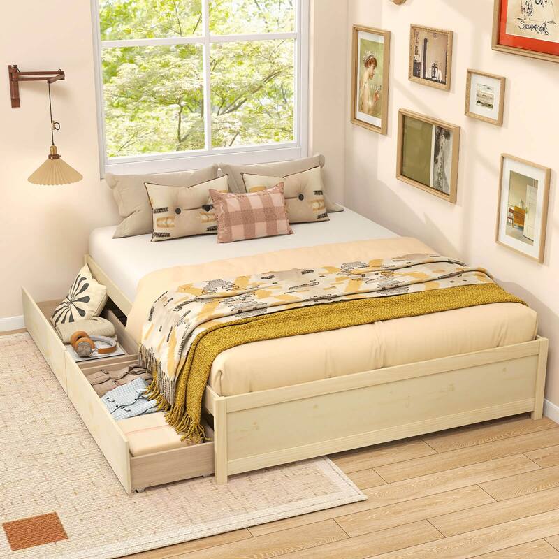 Costway Full/Queen Size Wooden Platform Bed with 2 Rolling Storage