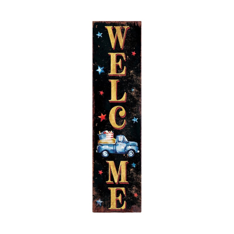 HomeRoots 36" Blue Red And White Solid Wood Patriotic Welcome Reversible Porch Sign