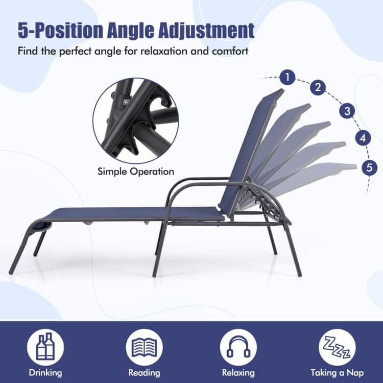 Adjustable Patio Chaise Folding Lounge Chair with Backrest - 75.5" x 26" x 24.5" (L x W x H)