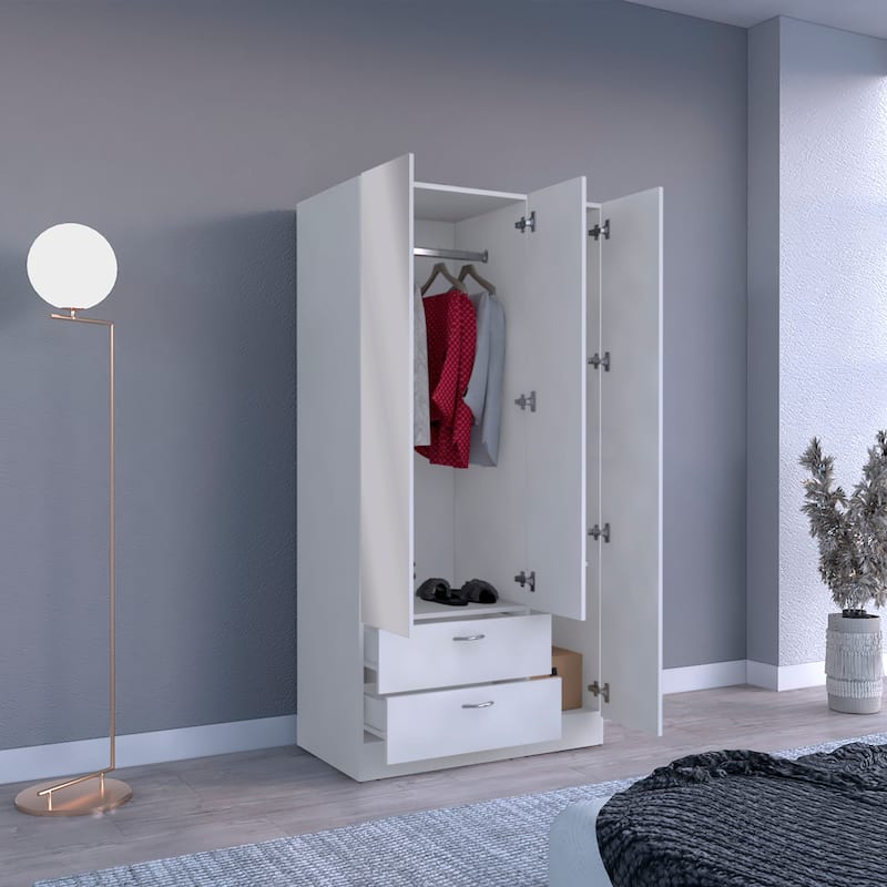 Riverside 3 Door Mirrored Armoire with Two Drawers, Four Shelves - N/A