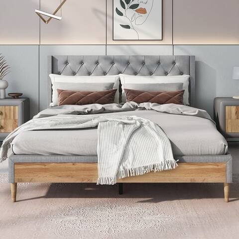 Queen Size Linen Fabric Upholstered Platform Bed w/Rubber Wood Legs
