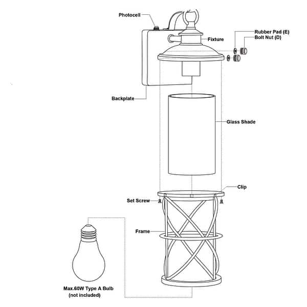 dimension image slide 2 of 3, VAXCEL Adams 1-Light Black Dusk to Dawn Sensor Outdoor Wall Sconce, Durable Steel, Clear Seeded Glass Shade, LED Compatible