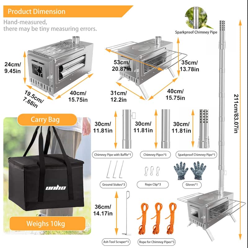 Portable Camping Tent Stove Stainless Steel Outdoor Cooking Heater Log Burner Wood Burning