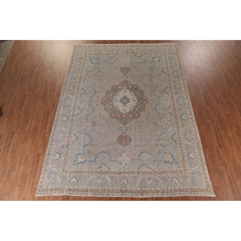 Hand Knotted Oriental 100% Wool Carpet Traditional Floral Beige & Ivories Tabriz Area Rug - 13' 3'' X 9' 10''