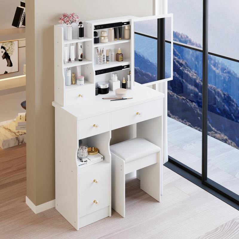 Anmytek Small Space 29.2 Inch Vanity Table with Extra Large Sliding Mirror Left Drawer Multi Layer Storage and Cushioned Stool