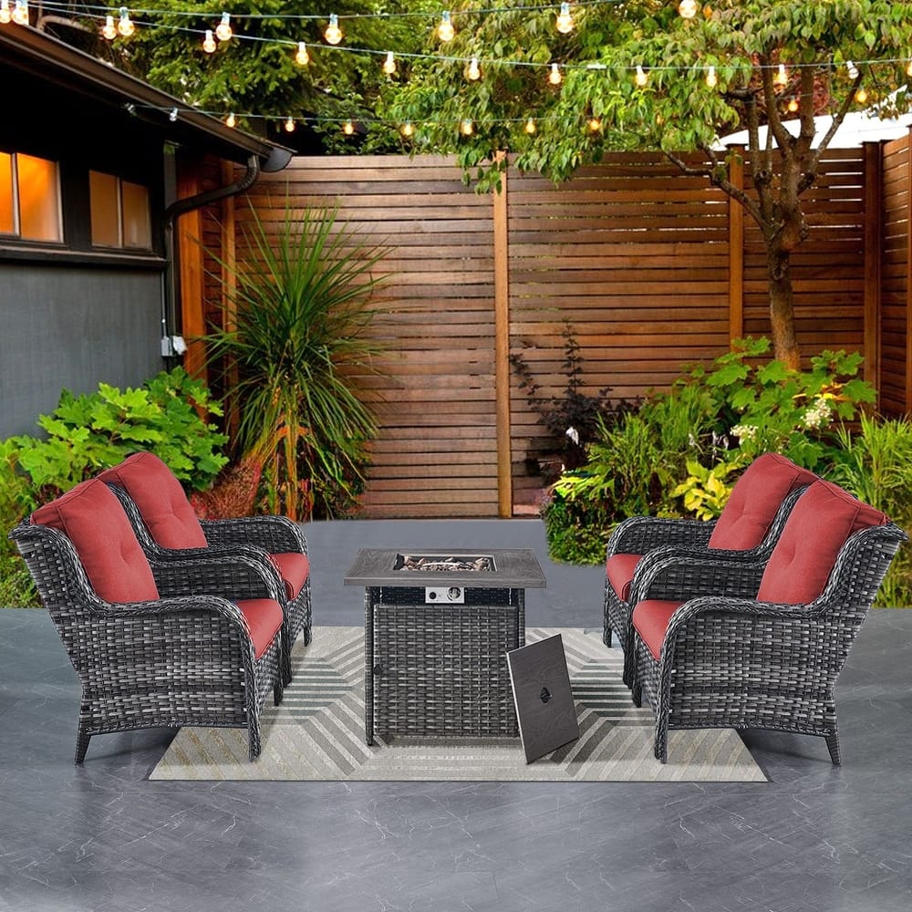 Gymojoy 5-Piece Outdoor Wicker Patio Furniture with Fire Pit Table, Rattan Coversation Set with Water Resistant Thick Cushions