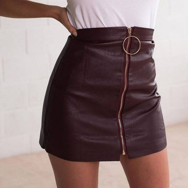 Shop Autumn Winter Above Knee Black Pu A Line Skirts Zipper Wine