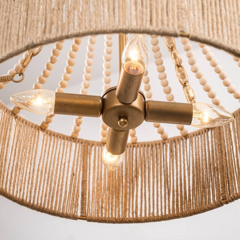4-Light Golden Farmhouse Wood Bead Chandelier