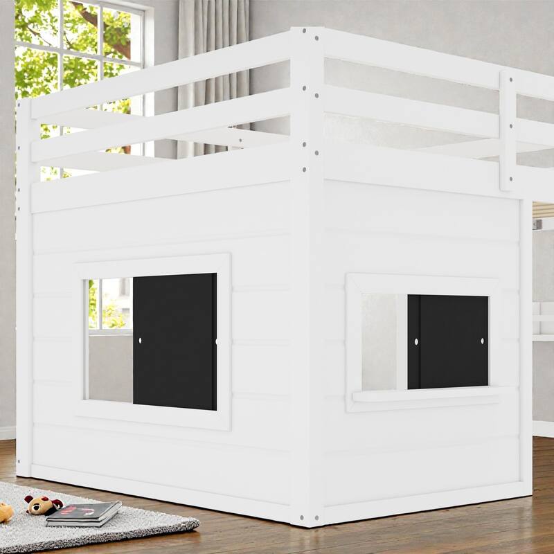 Twin/Full Loft Bed with Sliding Chalkboard, Built-in Bookshelf, Solid Wood Frame & Safety Guardrails, Kids Playhouse Bed