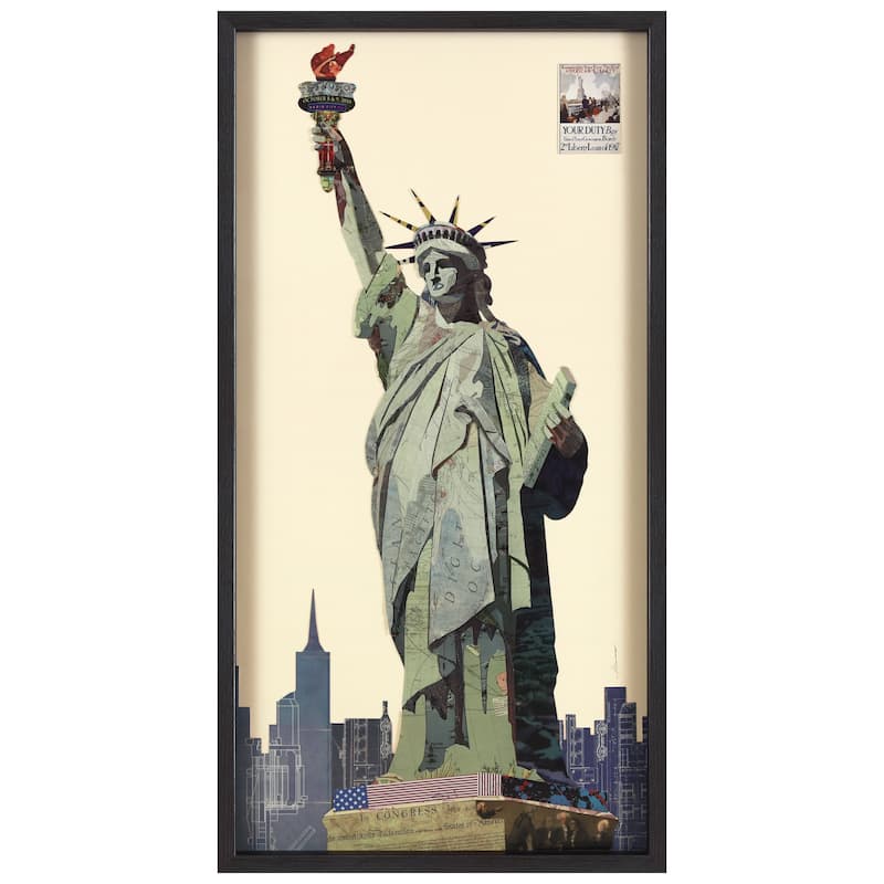 Empire Art "Lady Liberty" Alex Zeng's dimensional collage, under glass & a black shadow box frame