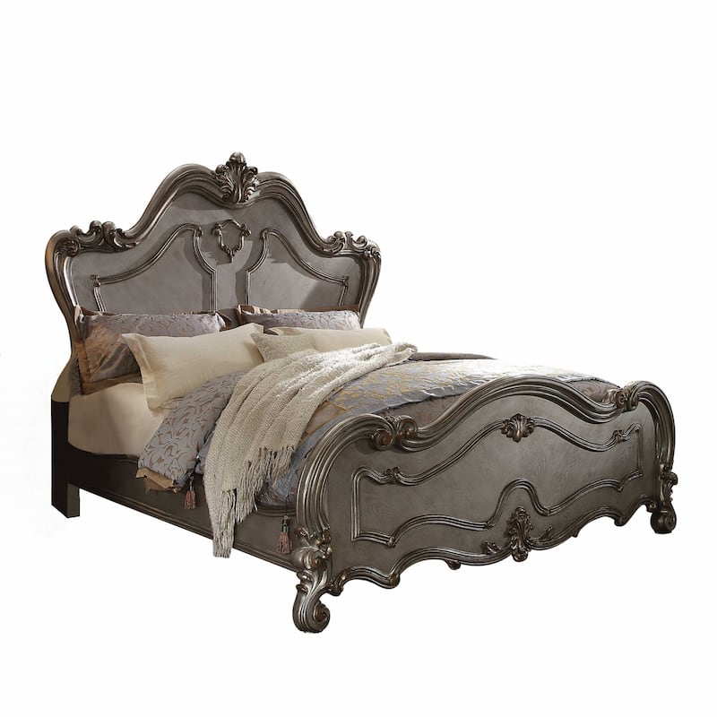 HomeRoots Gray Carved Scrollwork Wood Queen Bed Frame
