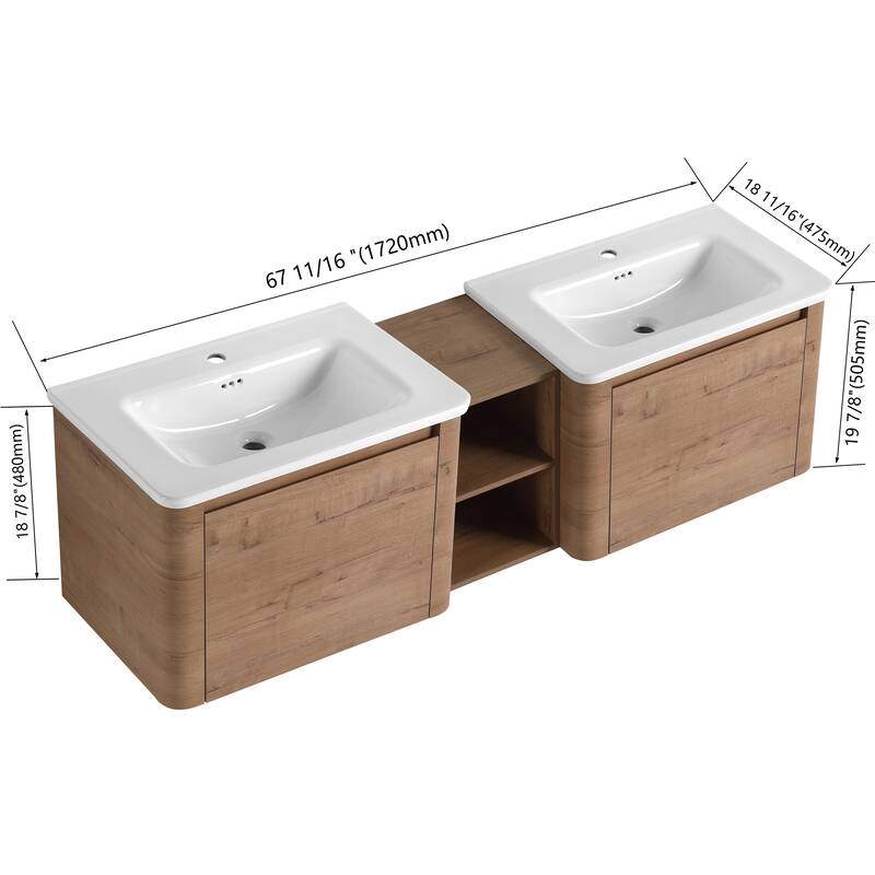 68'' Wall-Mounted Bathroom Vanity with White Ceramic Sink and Storage Shelves & 1-Soft-Close Door, KD-Packing, Plywood