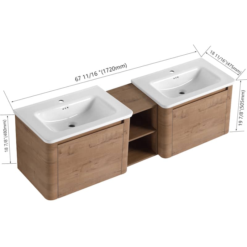 Wall-Mounted Bathroom Vanity with Ceramic Sink and Storage Shelves