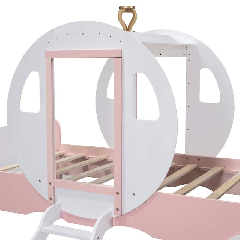Twin Princess Carriage Bed with Crown and Wooden Platform, Includes Stairs