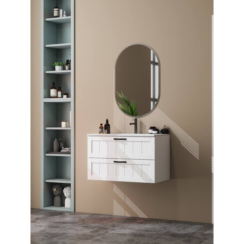 GDFStudio - 31.5" Modern Style Bathroom Cabinet, Double Drawer with Decor Line, Wall-Mounted Vanity