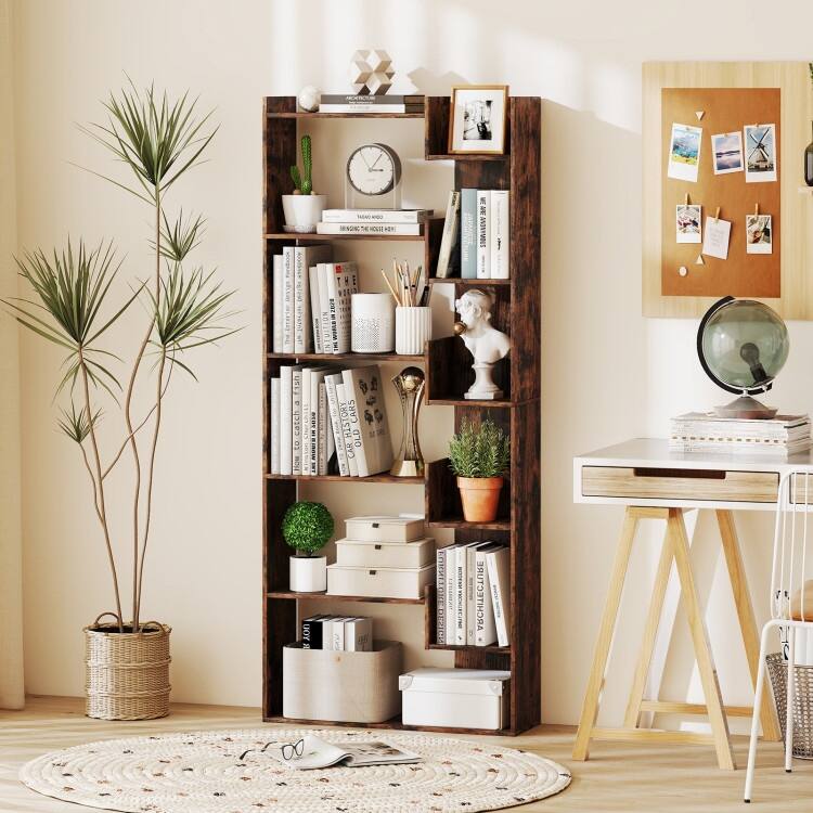 Engineered Wood 11-Shelf Bookcase with Anti-Tip Kits and Floor Pads - 27" L x 9" W x 64" H