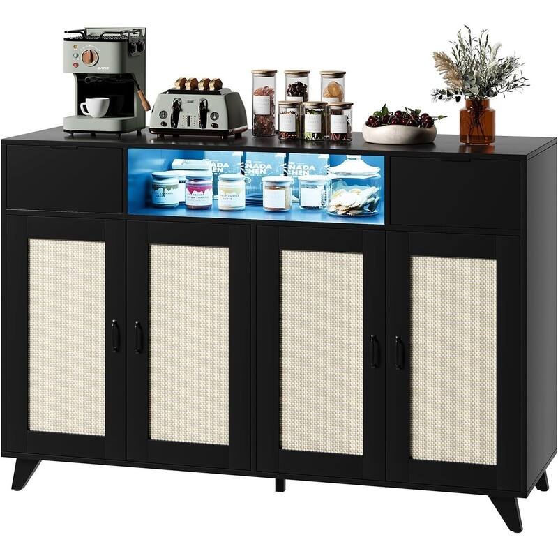 Sideboard Buffet Cabinet, 4 Rattan Doors 2 Drawers Accent Storage Cabinet