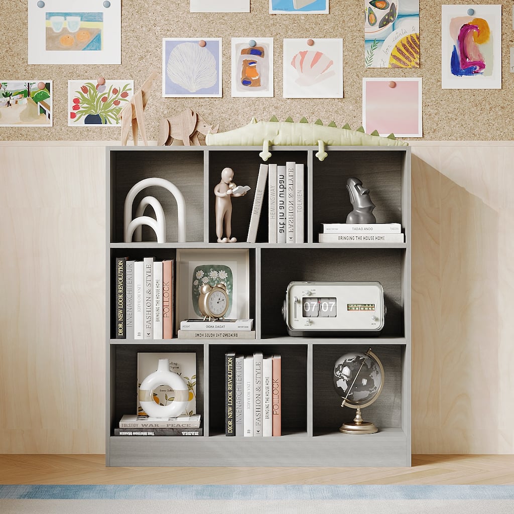 Gray Bookshelf with Multi-Size Storage Compartments Home Office Bookcase Organizer Bookcase Organizer