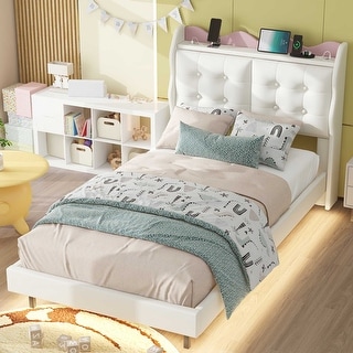 Stylish Upholstery Platform Bed with LED Light Strips, Storage Headboard & 2 USB Charging