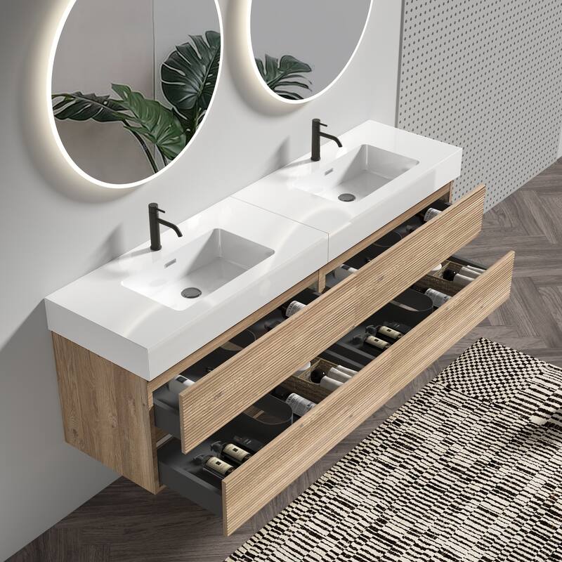 GDFStudio - Grace Wall-Mounted Bathroom Vanity with Engineered Quartz Sink & Soft Close Drawers, without Drainage and Faucet