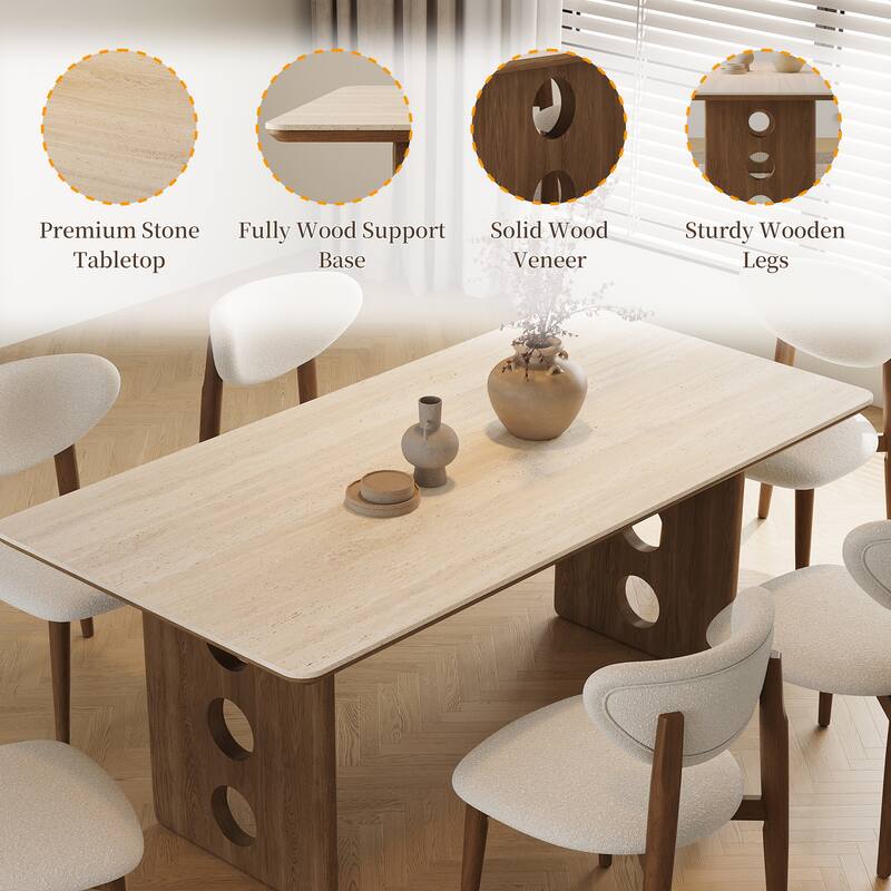 71"Mid-Century Modern Dining Table For 6, Retangular Kitchen Table With Beige Travertine Sintered Stone Top