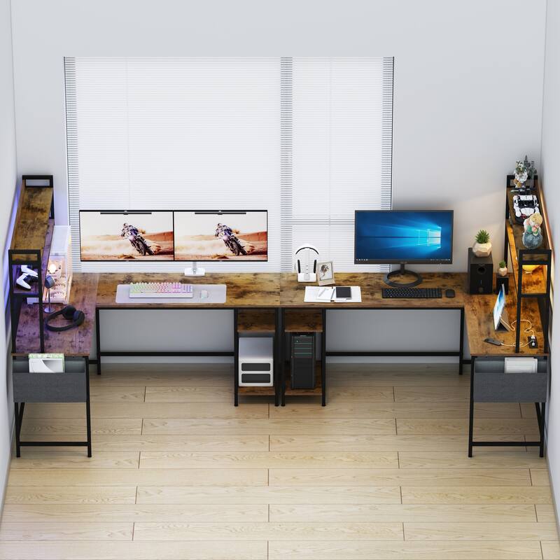 L Shaped Office Desk, Reversible Corner Computer Desk with Power Outlet and LED Light, Gaming Desk with Storage Shelf