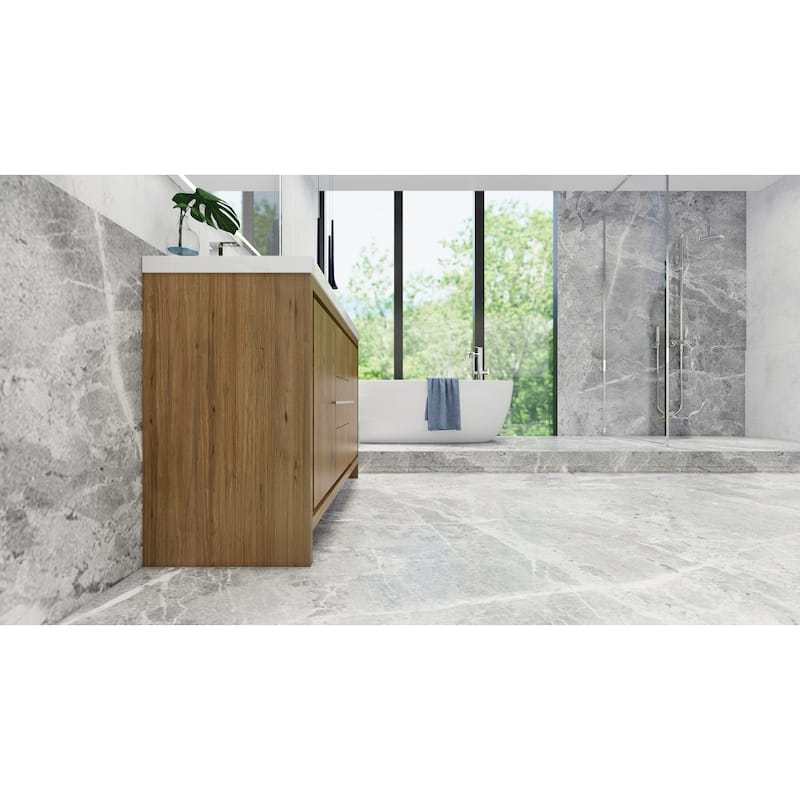 dolce 60 natural oak finish freestanding bath vanity with dual basin reinforced acrylic top
