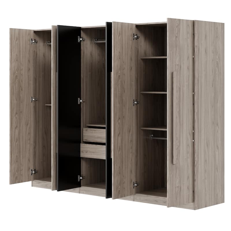 Bedroom Large Wooden Wardrobe Closet, Freestanding Clothes Storage Cabinet, Black+Natural Armoire with Folding and Hanging Areas