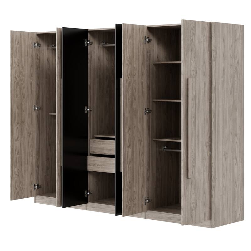 Large 6-Door Wardrobe Armoire, Wooden Two-Tone Armoire with 2 Drawers, Clothes Rail Freestanding Bedroom Armoire Closet