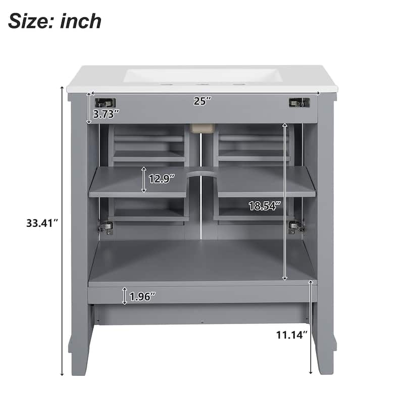 Roomfitters 30" Bathroom Vanity with Ceramic Sink, Solid Wood Frame, 2 Soft-Close Doors, Drawer and Storage Shelves