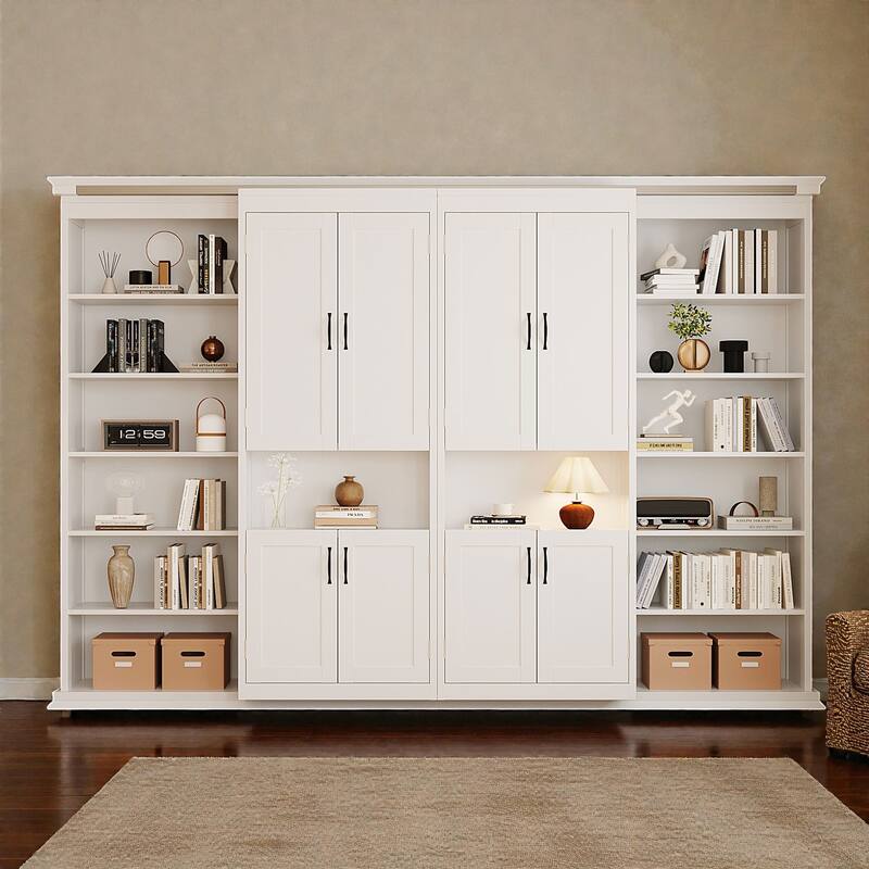 Queen Murphy Bed with Sliding Storage Cabinets, Dual 6-Tier Shelves, Space-Saving Hidden Wall Bed