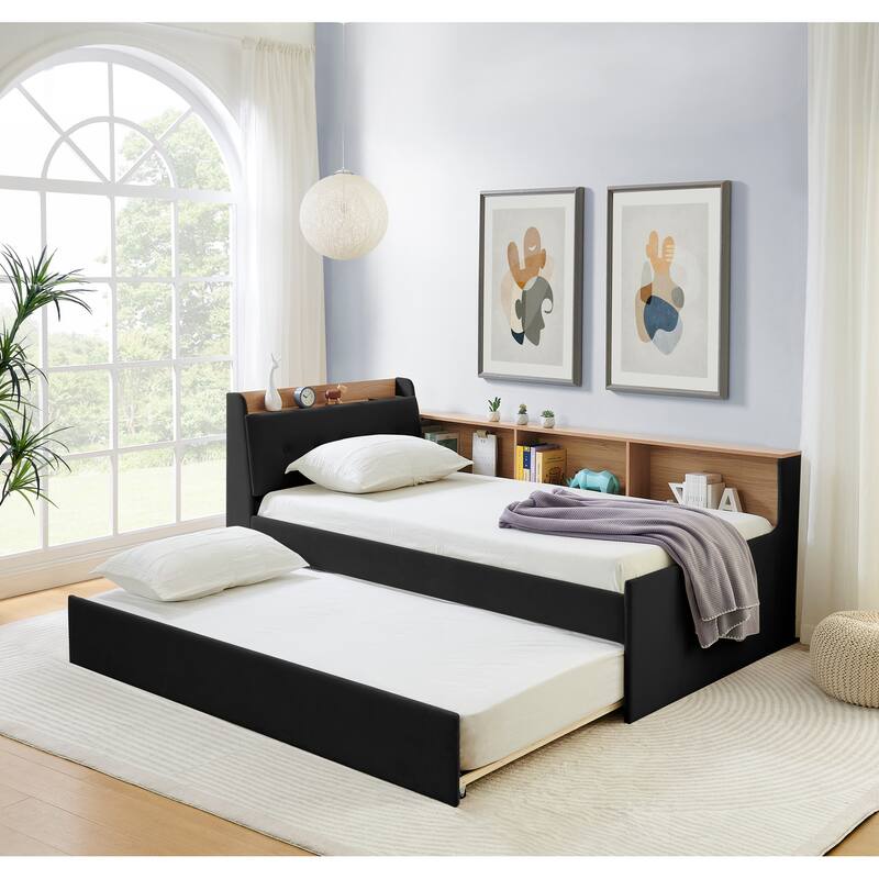 Twin Size Velvet Upholstered Daybed with Storage Headboard, LED and Wireless Charging - Optional Trundle Bed or Storage Drawers