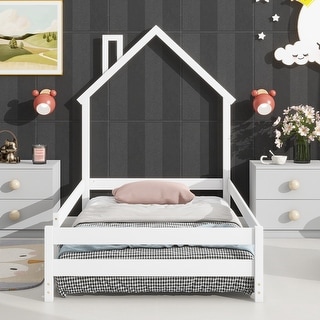 Twin Size Montessori Floor Bed with Fences, Modern Twin Kids Bed with House-shaped Headboard, Wood Twin Bed Frame for Girls,Boys