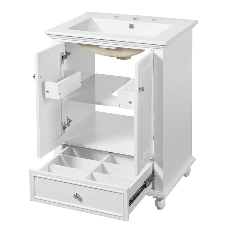 24"Bathroom Vanity with Ceramic Sink, Storage Cabinet with Soft Closing Doors, Bathroom Cabinet with Drawer and Drawer Dividers
