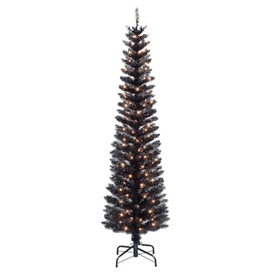 Puleo International 6 ft Pre-Lit Black Tinsel Artifical Tree 250 Tips 100 Clear Lights