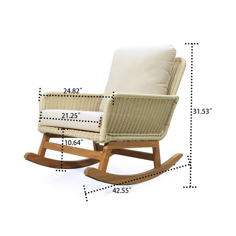 Classic Stylish PE Rattan Wicker Rocking Chair with Cushions and Solid Wood Legs, For Indoor and Outdoor Use