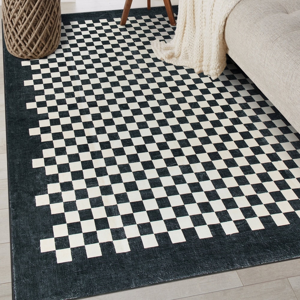 World Rug Gallery Contemporary Checkered Border Washable Non-Slip Area Rug